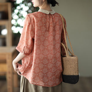 Áo sơ mi linen ngắn tay cổ pipi phối màu in những nhành cây - NU7506