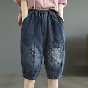 Quần baggy lửng denim lưng thun  hai túi kiểu đính màu sắc - NU8637