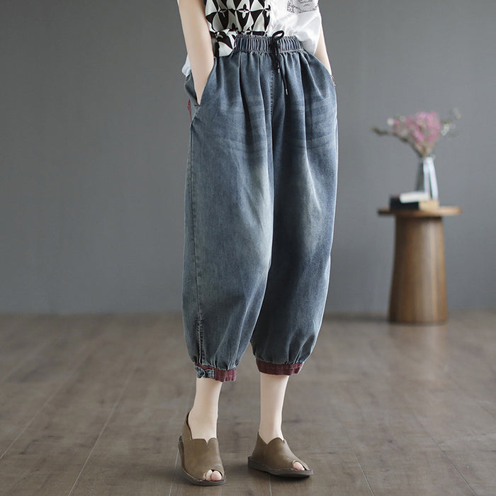 Quần baggy denim lưng thun dây rút gấu cài khuy phối màu - NU7343