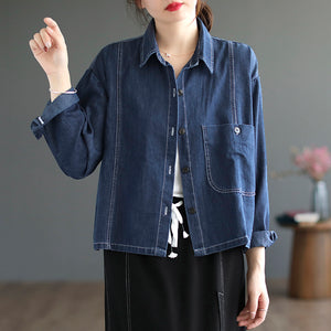 Áo khoác denim retro dài tay cổ đức một túi lớn - NU7713