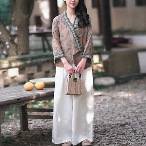 Áo sơ mi linen dài tay cổ V vạt chéo khuy tròn in hoa lá - NU8283