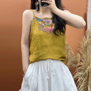 Áo T-shirt linen sát nách hai dây thêu hoa văn retro - NU8572