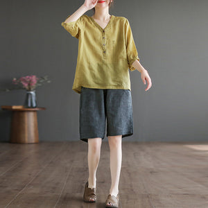 Áo sơ mi linen ngắn tay cổ V túi lớn bốn khuy - NU7410