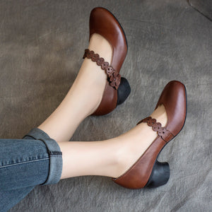 Giày da retro đế cao có quai đính hoa - OD0278