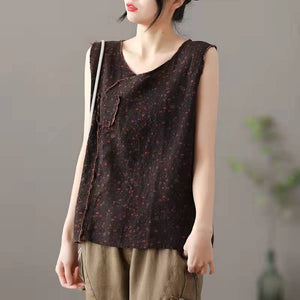 Áo sơ mi linen sát nách cổ tròn một túi in hoa văn - NU6721