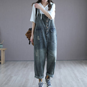 Quần baggy yếm denim retro kiểu nhiều nút - NU6630