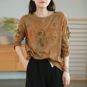 Áo T-shirt dài tay cổ tròn in retro một túi nhỏ - NU7781