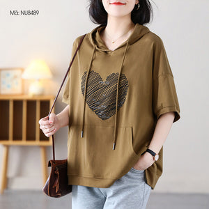 Áo hoodies ngắn tay in hình trái tim có túi - NU8488