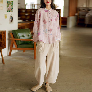 Áo sơ mi linen dài tay cổ đứng in màu nước - NU6735