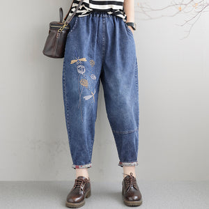 Quần baggy denim thêu chuồn chuồn và hoa bồ công anh - NU7602