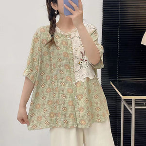 Áo sơ mi ngắn tay cổ tròn in retro thêu ren - NU8327