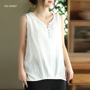 Áo T-shirt linen sát nách cổ V kiểu xếp ly - NU8406