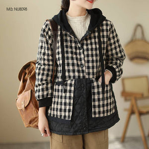 Áo khoác linen kẻ sọc caro chần bông khuy bấm - NU8097