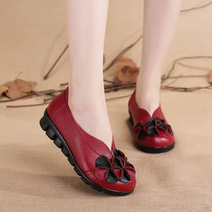 Giày da retro Morigirl đế bệt đính hoa may thủ công - OD0417