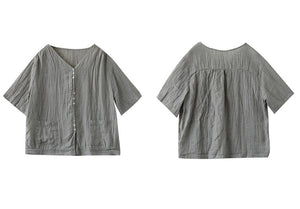 Áo sơ mi linen ngắn tay cổ V hai túi vuông vạt ngang - NU7422