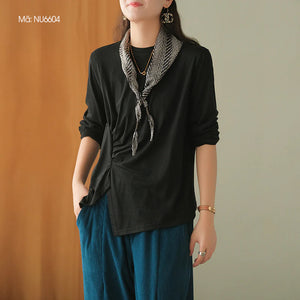Áo T-shirt dài tay cổ tròn xẻ tà xếp ly - NU6603
