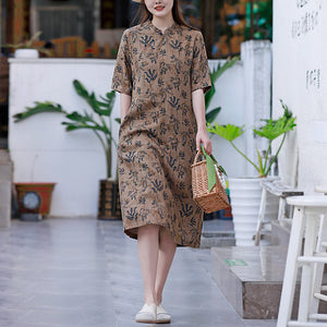 Đầm liền linen ngắn tay cổ V xếp ly khuy tròn in hoa lá - NU8437