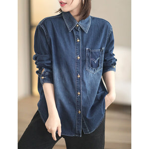 Áo sơ mi denim dài tay cổ đức form dài túi tam giác kiểu - NU8300