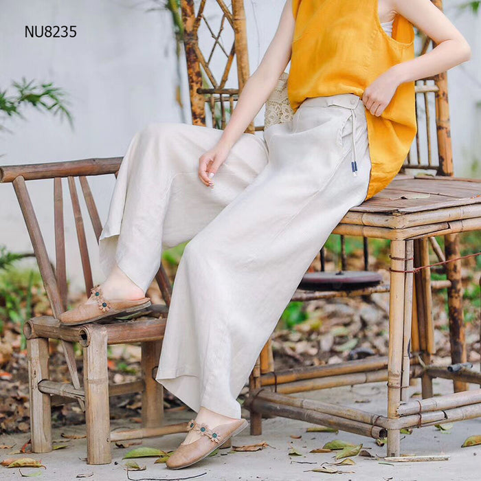Quần baggy linen lưng thun kiểu dây rút ống rộng - NU8234
