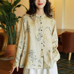 Áo sơ mi linen dài tay cổ đứng in màu nước một túi vuông - NU6740