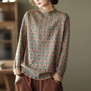 Áo T-shirt dệt kim dài tay cổ cao hoa văn cân đối  - NU8076