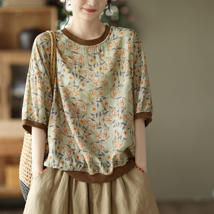Áo T-shirt linen ngắn tay cổ tròn in hoa lá bo viền - A763