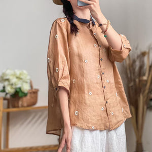 Áo sơ mi linen ngắn cổ pipi thêu hoa bốn cánh - NU7446