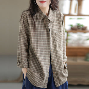 Áo sơ mi linen dài tay cổ đức kẻ sọc caro một túi vuông - NU7688