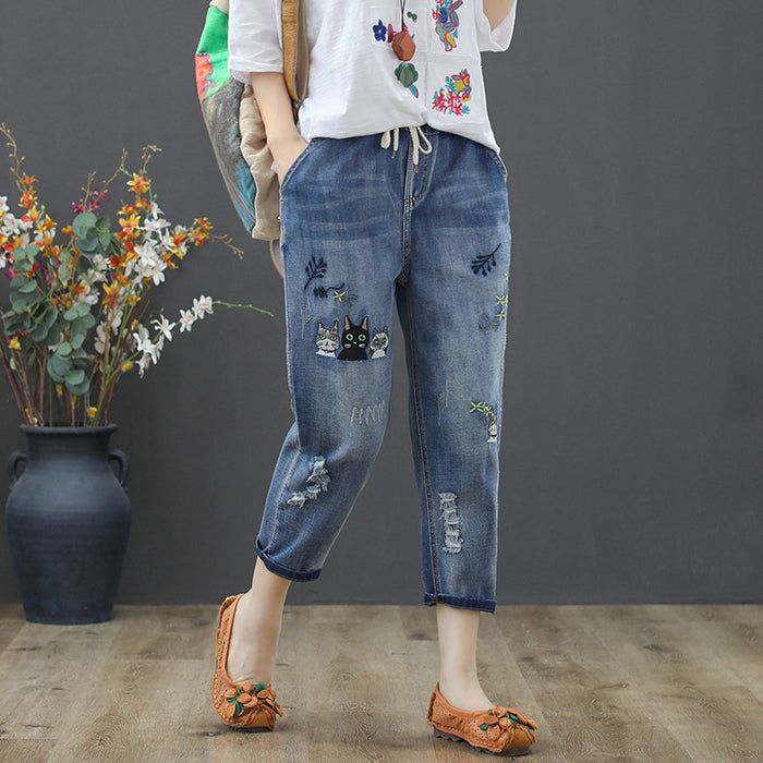 Quần baggy denim thêu mèo và lá cây - NU2449