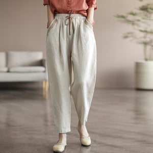 Quần baggy linen lưng thun dây rút hai túi viền thêu hoa văn - NU7167