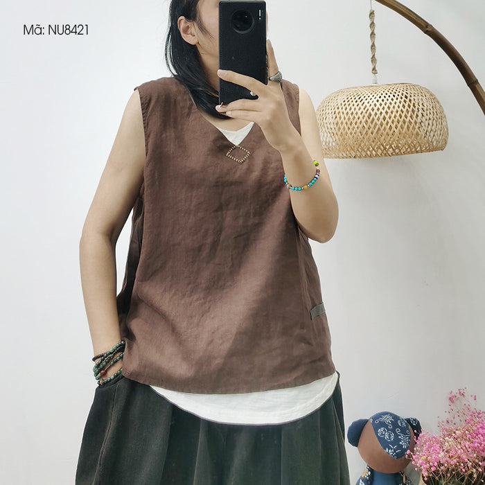 Áo T-shirt linen sát nách cổ V đơn sắc - NU8420