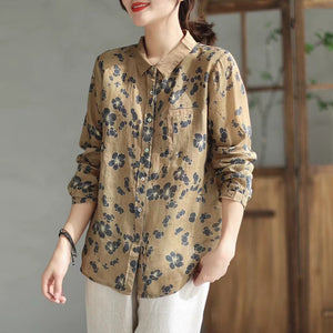 Áo sơ mi linen dài tay cổ đức in hoa lá túi giả - NU8208