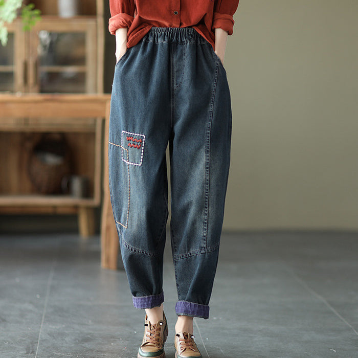 Quần baggy denim lưng thun thêu hoa văn hai túi chéo- NU6601