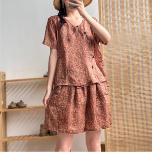 Bộ đồ gồm áo sơ mi ngắn tay khuy tàu và quần sooc in hoa liti - NU7210