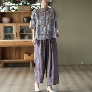 Áo sơ mi linen ngắn tay cổ pipi in hoa lá một túi nhỏ - NU7545