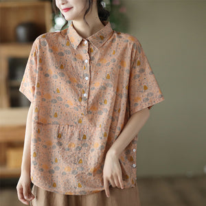 Áo sơ mi linen ngắn tay cổ đức in những chú cú ngộ nghĩnh - NU7066