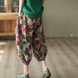 Quần baggy linen lưng thun dây rút in những bông hoa sắc màu - NU7489
