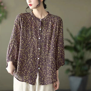 Áo sơ mi linen tay lửng cổ đứng in hoa văn - NU6920