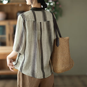 Áo sơ mi linen ngắn tay cổ pipi hoa văn kẻ sọc - NU7470