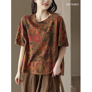 Áo T-shirt ngắn tay cổ tròn in hoa lá đơn sắc - NU8630