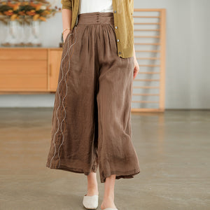 Quần baggy linen lưng cao ống rộng thêu sợi màu ziczac - NU7230