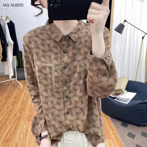 Áo sơ mi linen dài tay cổ đức in những chiếc lá túi giả - NU8591