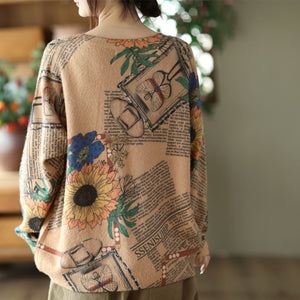 Áo T-shirt len dài tay cổ tròn in hoa hướng dương - NU7875