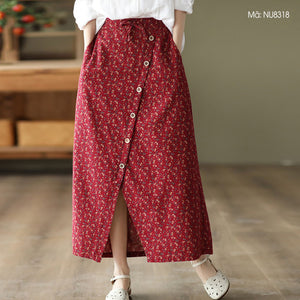 Chân váy linen lưng thun thắt dây xẻ tà chéo in hoa liti - NU8317
