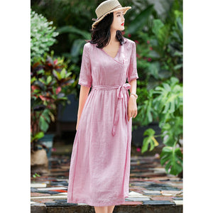 Đầm liền linen retro ngắn tay cổ V một màu - NU5899