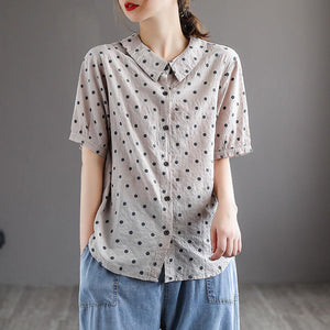 Áo sơ mi linen ngắn tay cổ pipi chấm bi - NU6861
