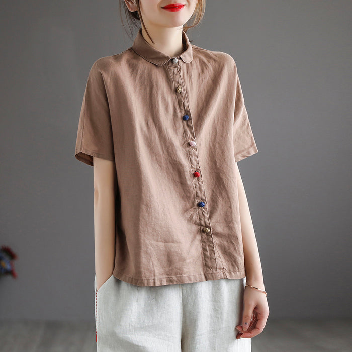 Áo sơ mi linen ngắn tay cổ pipi khuy tròn màu sắc - NU5682