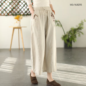 Quần baggy linen lưng thun dây rút ống rộng thêu hoa lá - NU8294