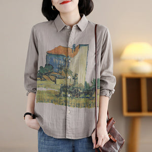 Áo sơ mi linen dài tay cổ đức in tranh đồng quê - NU8341