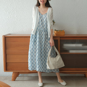 Đầm liền linen hai dây cổ V in hoa lá - NU7071